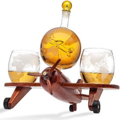 Whiskey Decanter Airplane Globe Set with 2 World Whiskey Glasses